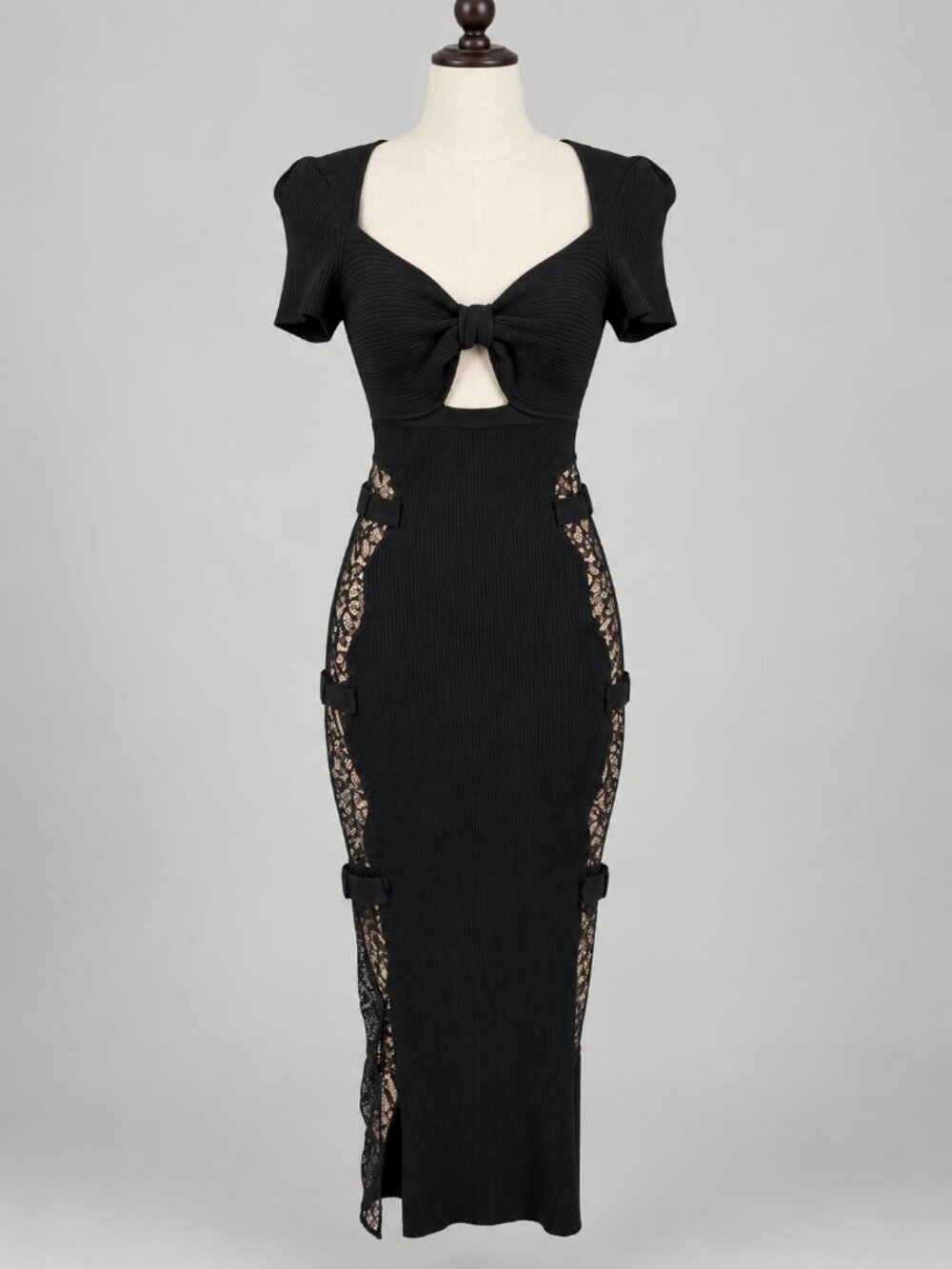 Self-Portrait Dress Small Black Viscose Knitted Midi Cutout Lace Bow Bodycon